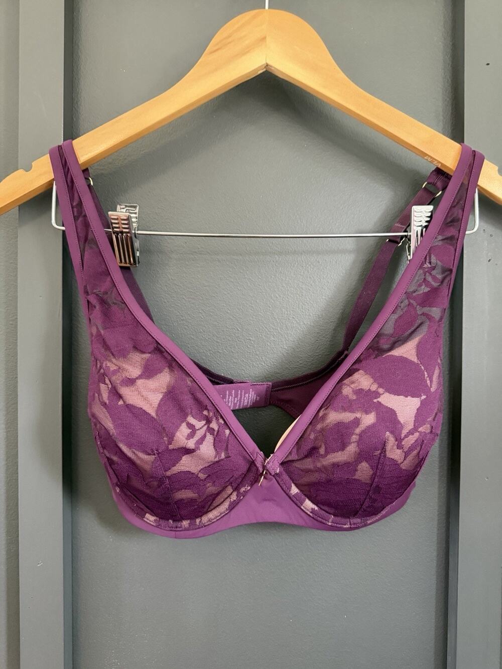 ThirdLove Foliage Plunge Bra Womens 32E Plum Purple Underwire Lace EUC
